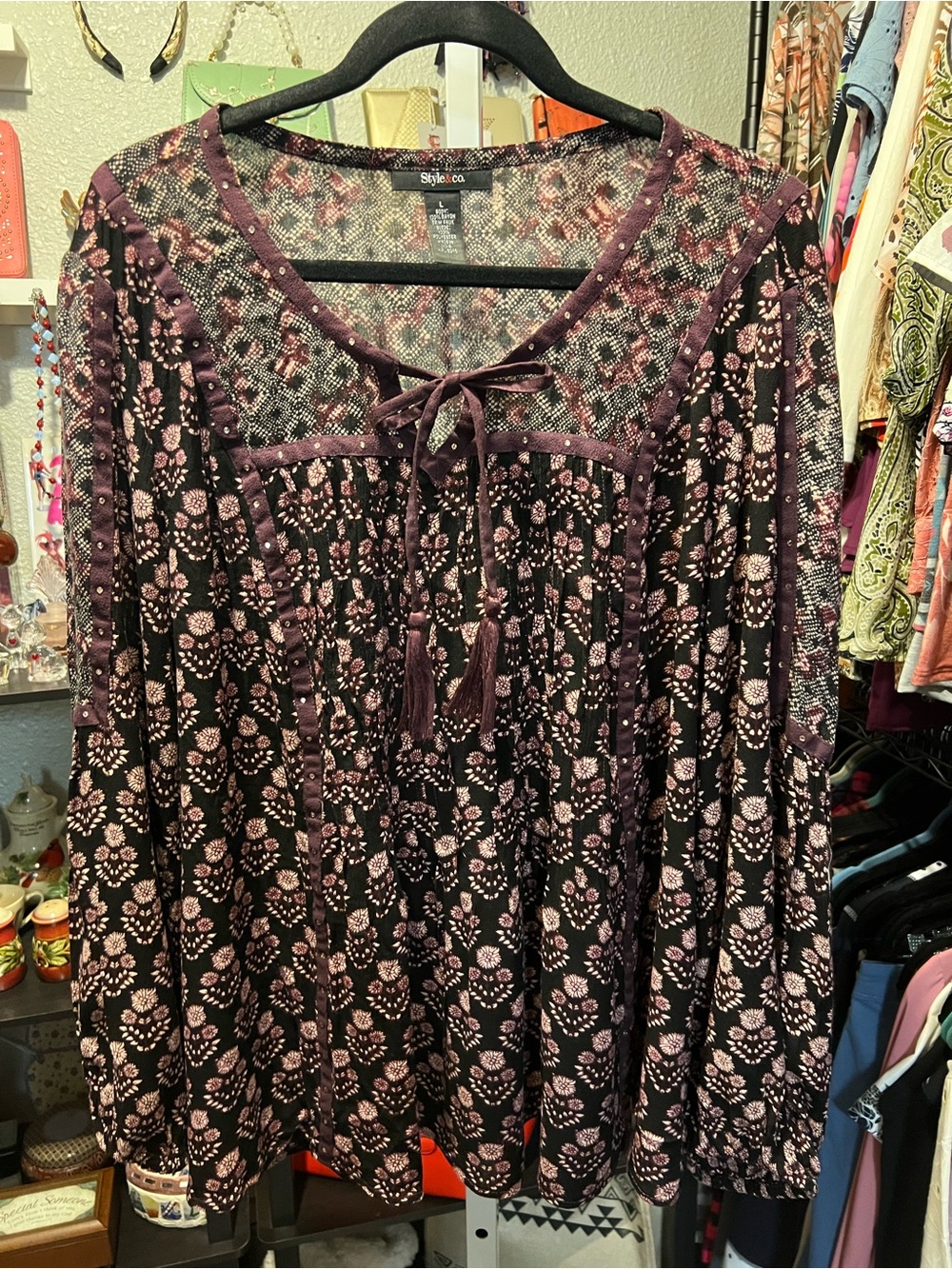 Style & Co. Plum and Pink Floral Lace-Panel Peasant Tunic